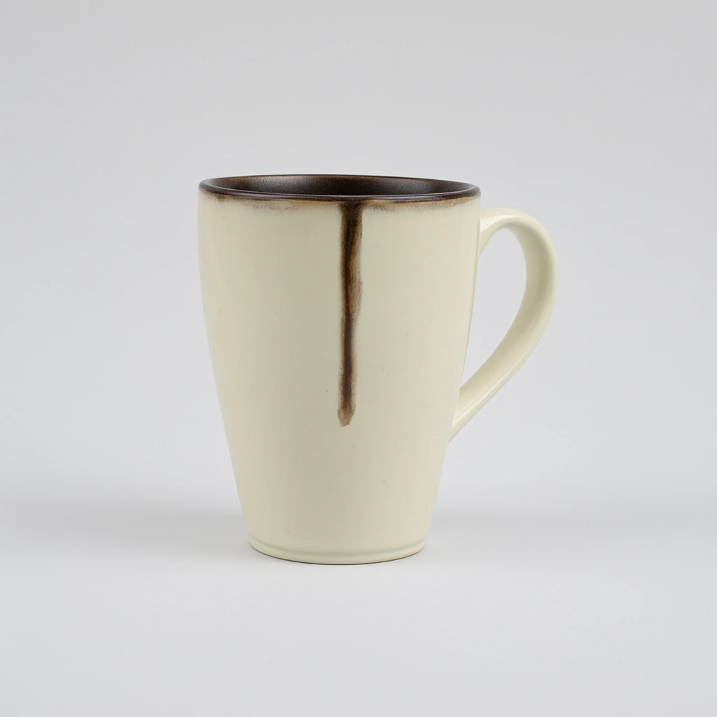 Synthetic reference mug with gray background, right handle, front glaze streak and dark rim.