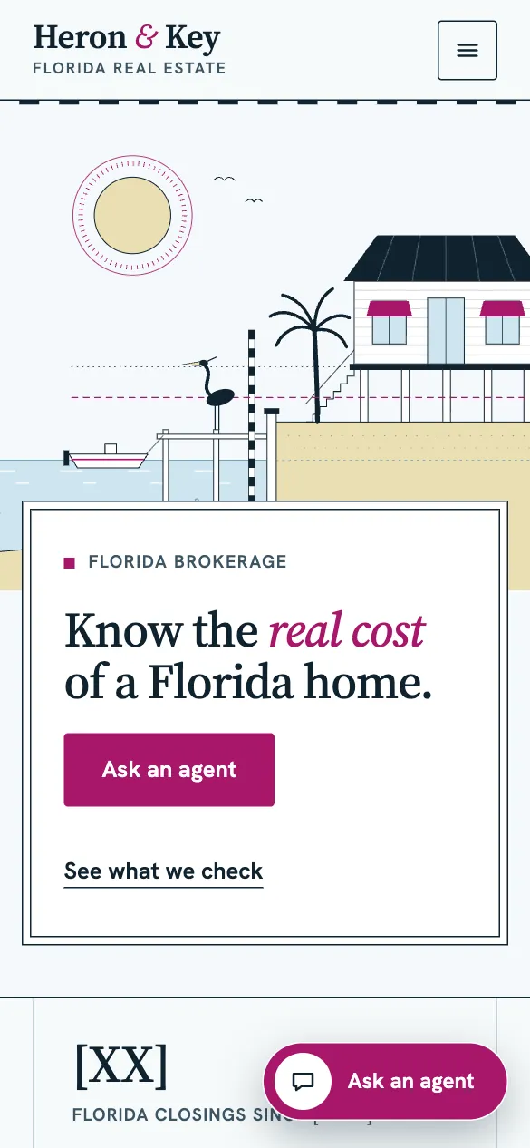Phone view of the Heron & Key home page: a line drawing of a stilt house by the water above the headline Know the real cost of a Florida home.