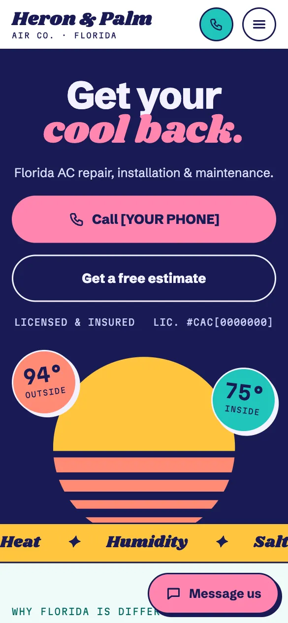 Phone view of the Heron & Palm Air Co. home page: a navy hero reading Get your cool back, with call and estimate buttons over a striped sunset.