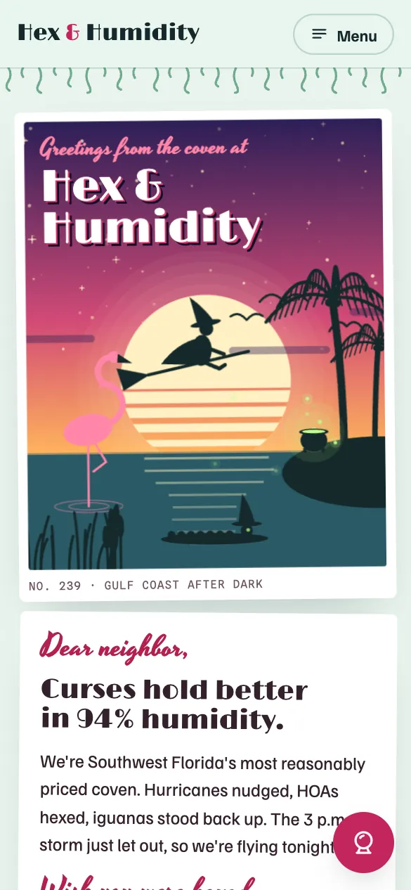 Phone view of the Hex & Humidity home page: a postcard of a witch on a broom crossing a striped moon over the Gulf.