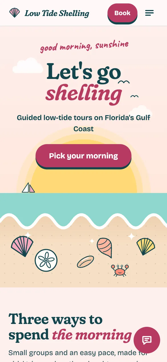 Phone view of the Low Tide Shelling Tours home page: Let's go shelling in script over a pink sunrise, with shells on the sand below.