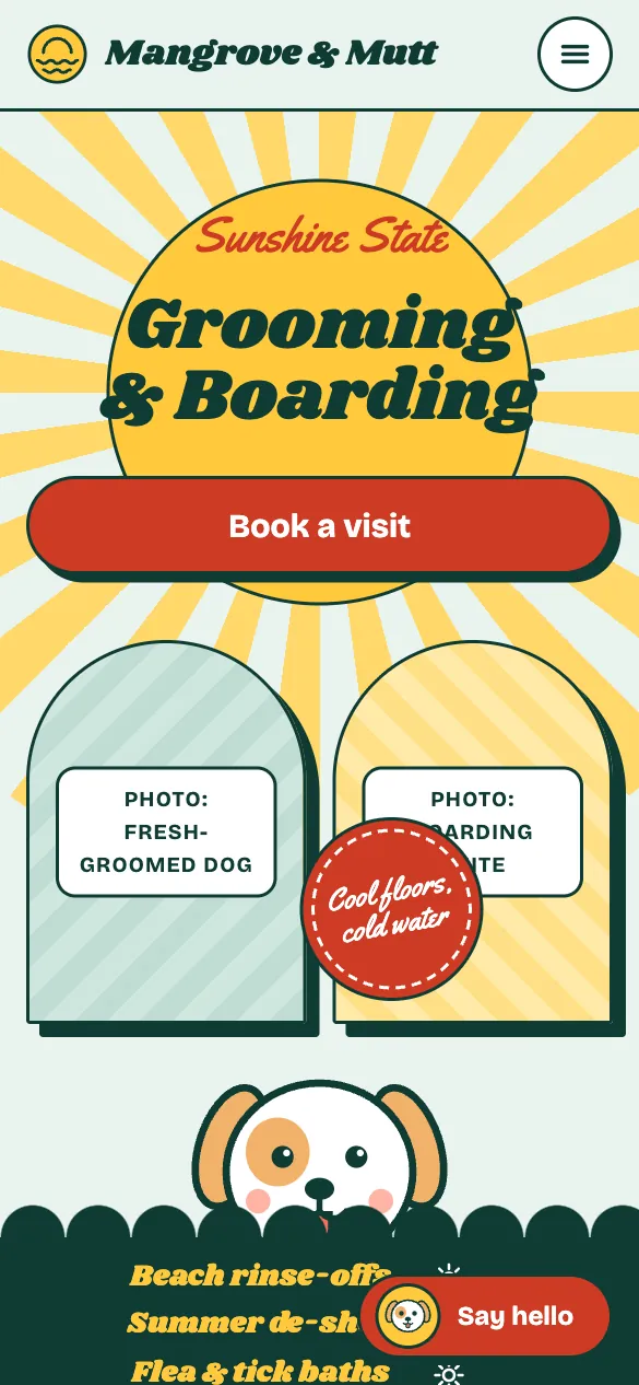 Phone view of the Mangrove & Mutt home page: Sunshine State Grooming and Boarding on a sunburst, a Book a visit button, and a cartoon dog.