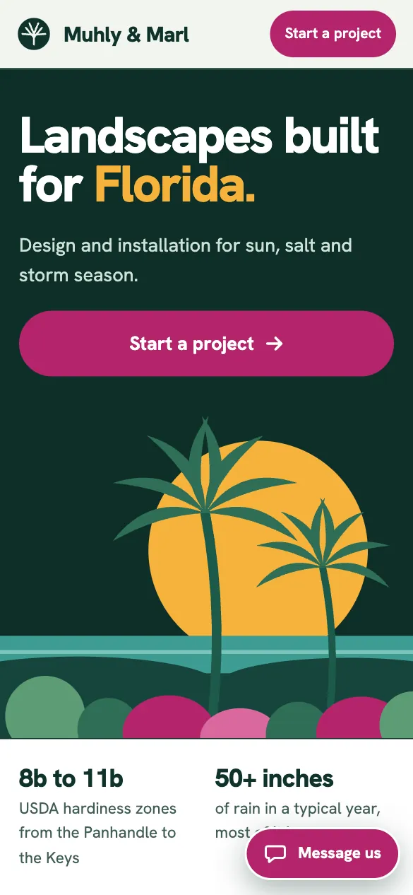 Phone view of the Muhly & Marl home page: Landscapes built for Florida, with a Start a project button over palms and a setting sun.