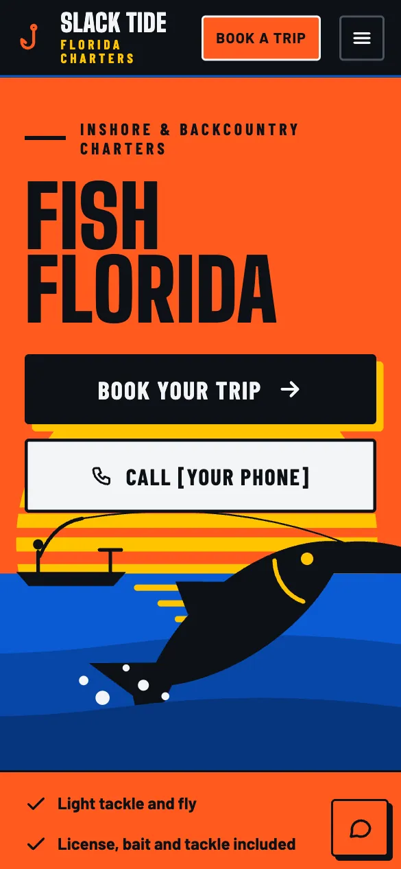 Phone view of the Slack Tide Charters home page: FISH FLORIDA in heavy type on orange, with a tarpon leaping beside the boat.