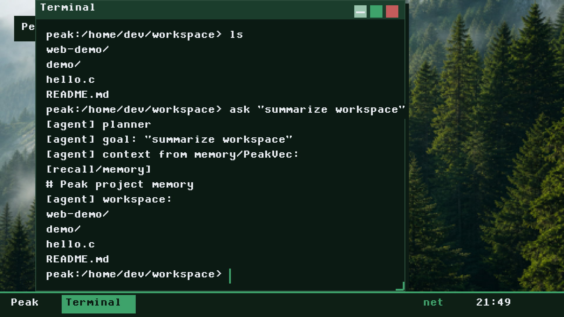 Peak OS multi-window desktop in QEMU
